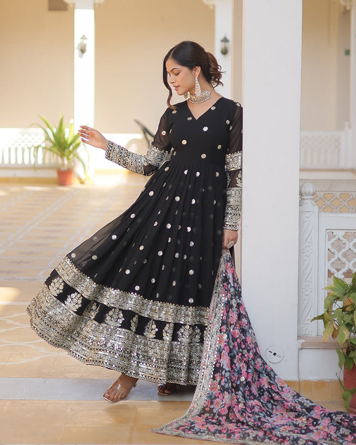 Black Color Faux Georgette Designer Gown With Dupatta  - By Qivii