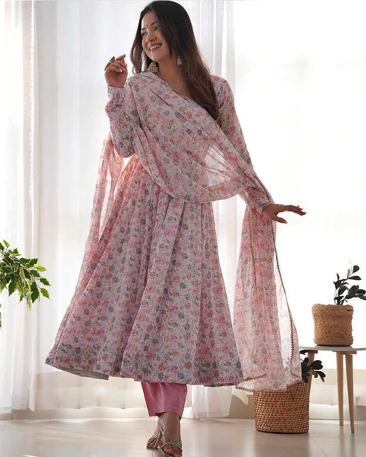 Baby Pink Color Heavy Chiffon Floral Print With Full Flair Three Piece Anarkali Suit - By Qivii, a beautiful and elegant outfit for special occasions and events