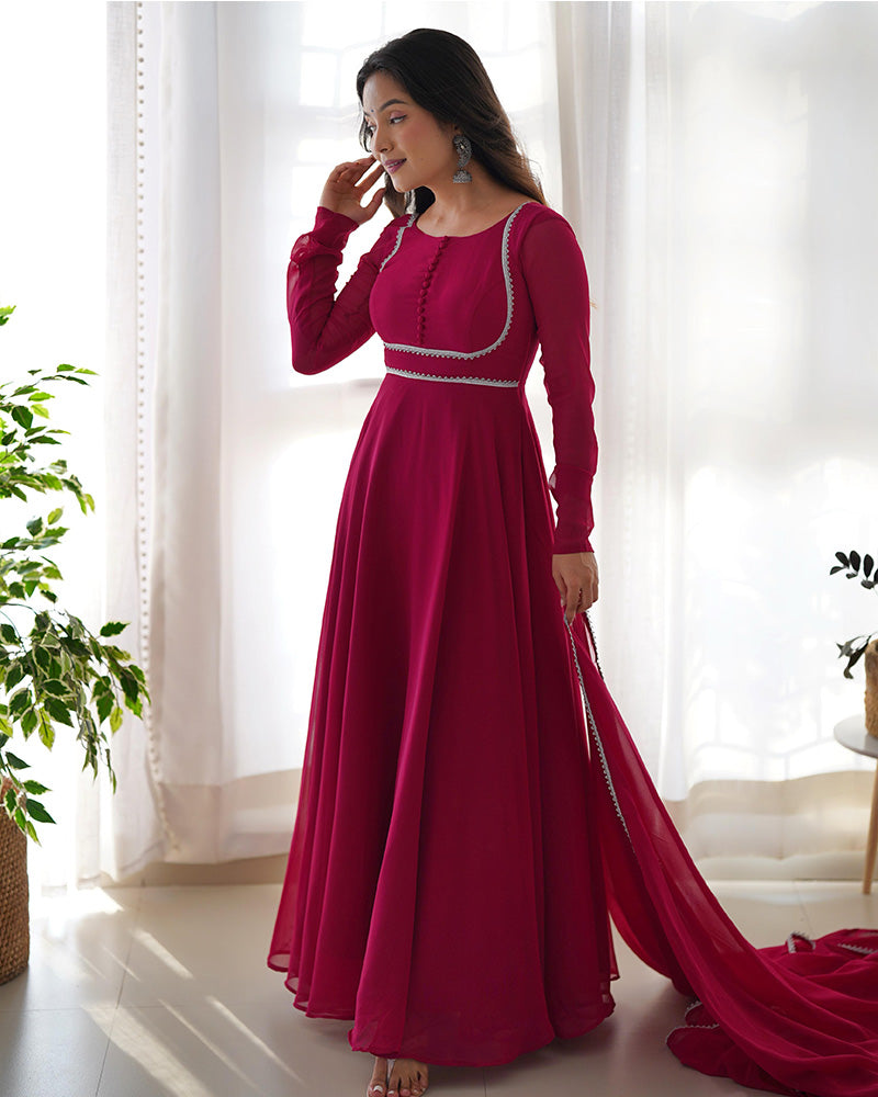 Rose Pink Georgette Embroidered Gown Three Piece Suit  - By Qivii