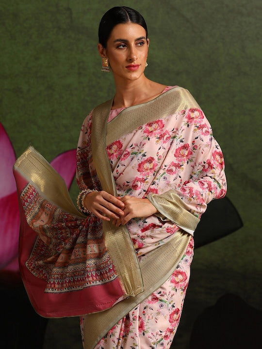 Women's Silk Blend Pink Printed Celebrity Saree With Blouse Piece