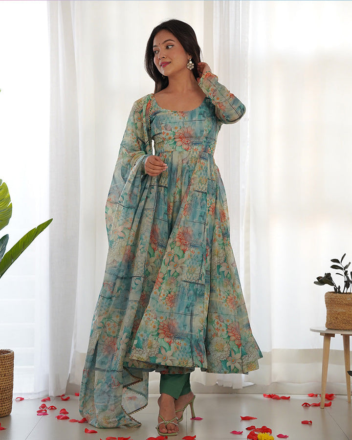 Bottle Green Color Floral Print Organza Three Piece Anarkali Suit  - By Qivii