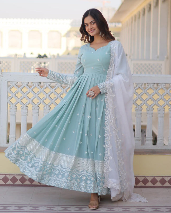 Exclusive Pista Color Georgette Gown With Dupatta  - By Qivii