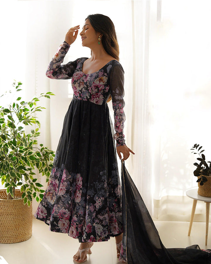 Black Color Floral Print Organza Three Piece Anarkali Suit  - By Qivii