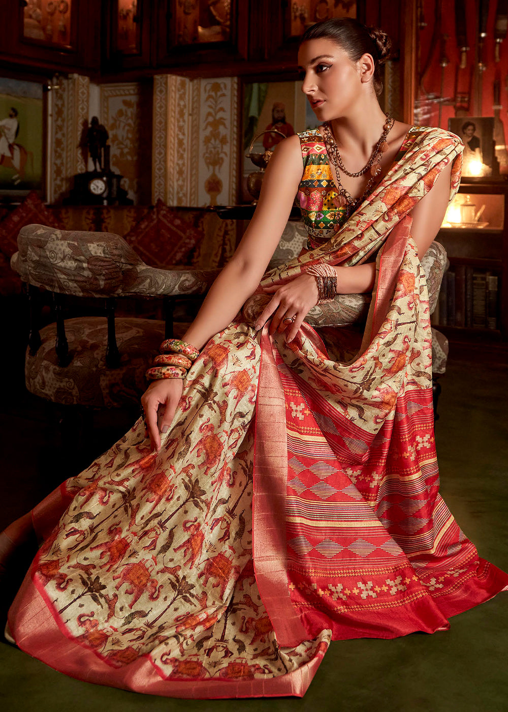 White & Red Printed Zari woven Silk Saree