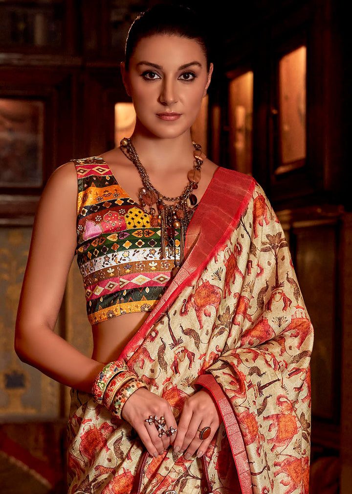 White & Red Printed Zari woven Silk Saree