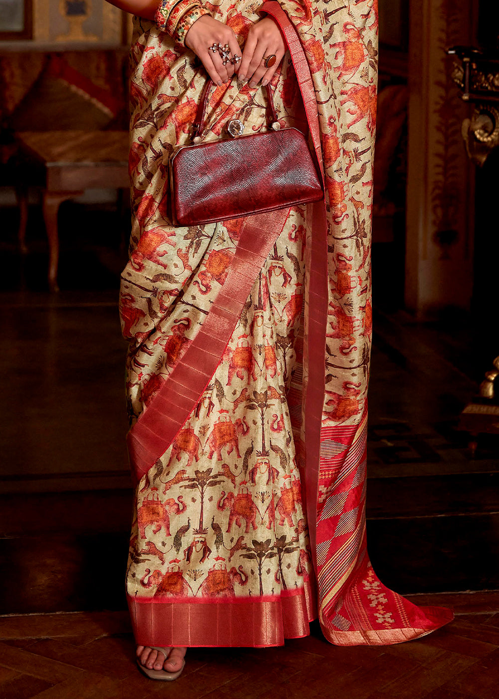 White & Red Printed Zari woven Silk Saree