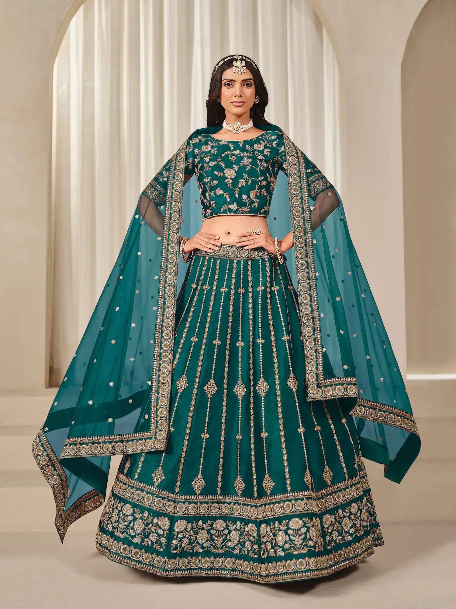 Teal Green Art Silk Thread & Sequins Embroidery Lehenga Choli - qivii