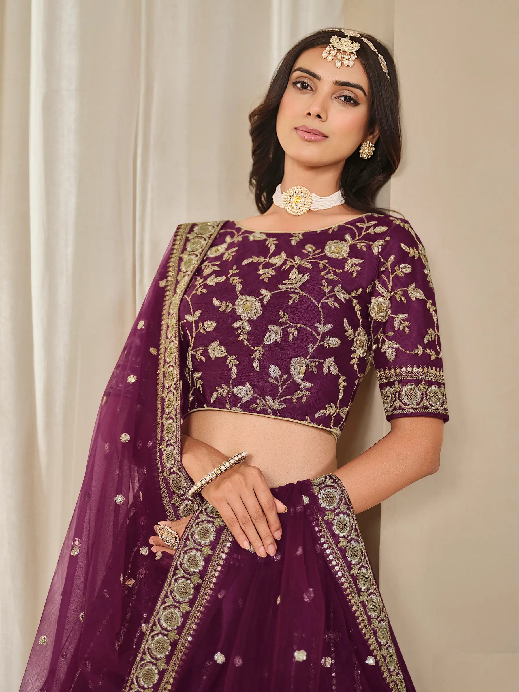 Dusty Wine Art Silk Thread & Sequins Embroidery Lehenga Choli - qivii