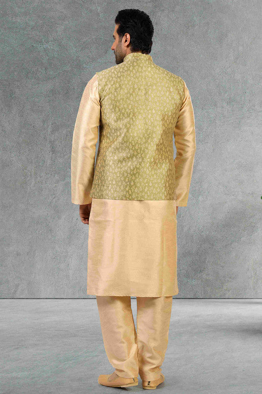 Men's Jacquard Banarasi Silk Woven Work 3 Pics Jacket Set In Light Green Colour