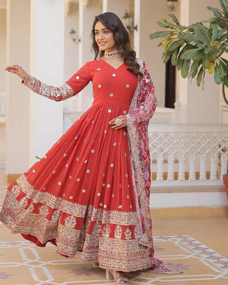 Red Color Faux Georgette Designer Gown With Dupatta  - By Qivii