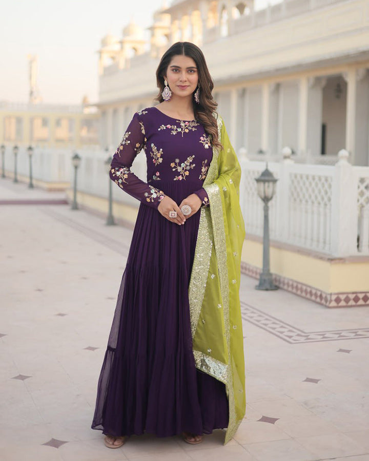 Wine Color Three layer Georgette Gown With Russian Silk Dupatta  - By Qivii