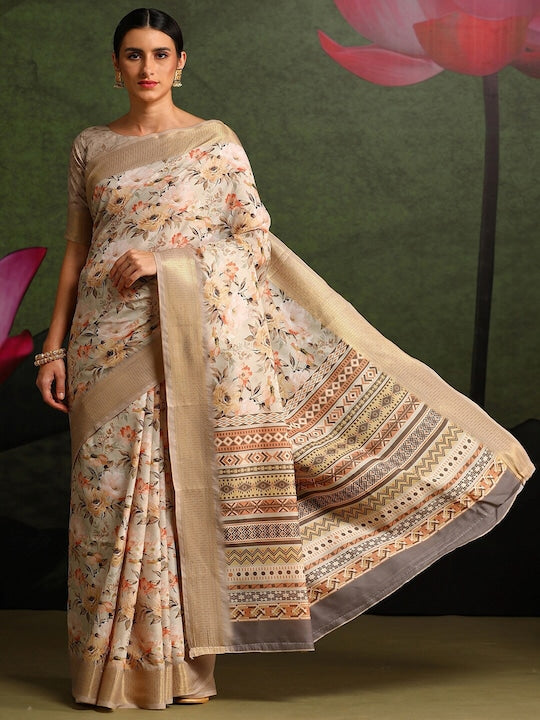 Women's Silk Blend Cream Printed Celebrity Saree With Blouse Piece