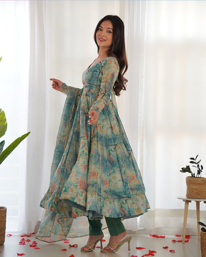 Bottle Green Color Floral Print Organza Three Piece Anarkali Suit  - By Qivii