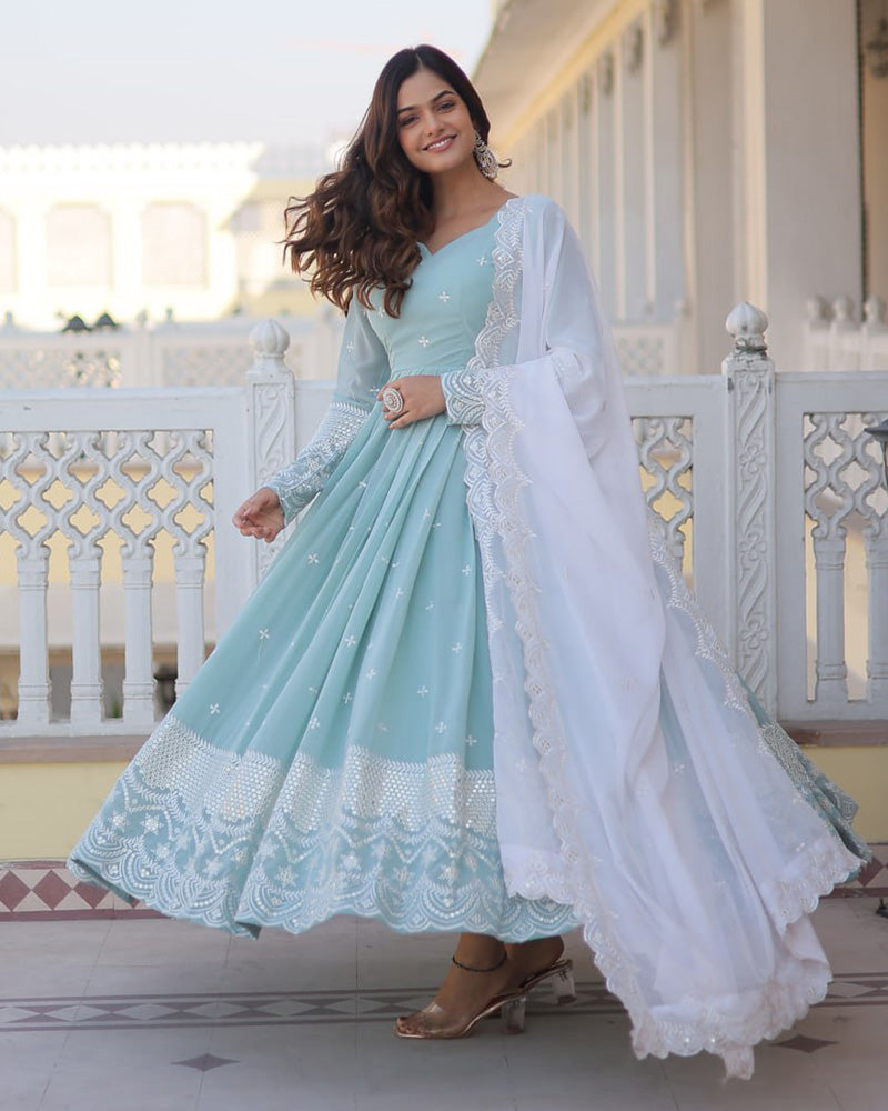 Exclusive Pista Color Georgette Gown With Dupatta  - By Qivii