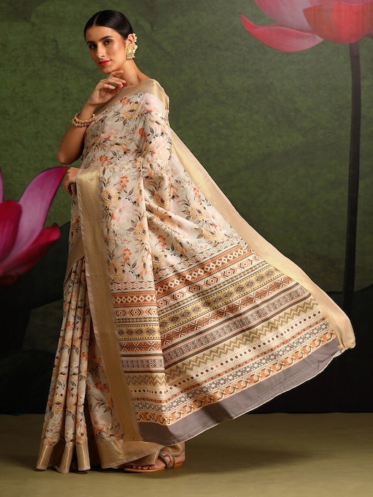 Women's Silk Blend Cream Printed Celebrity Saree With Blouse Piece