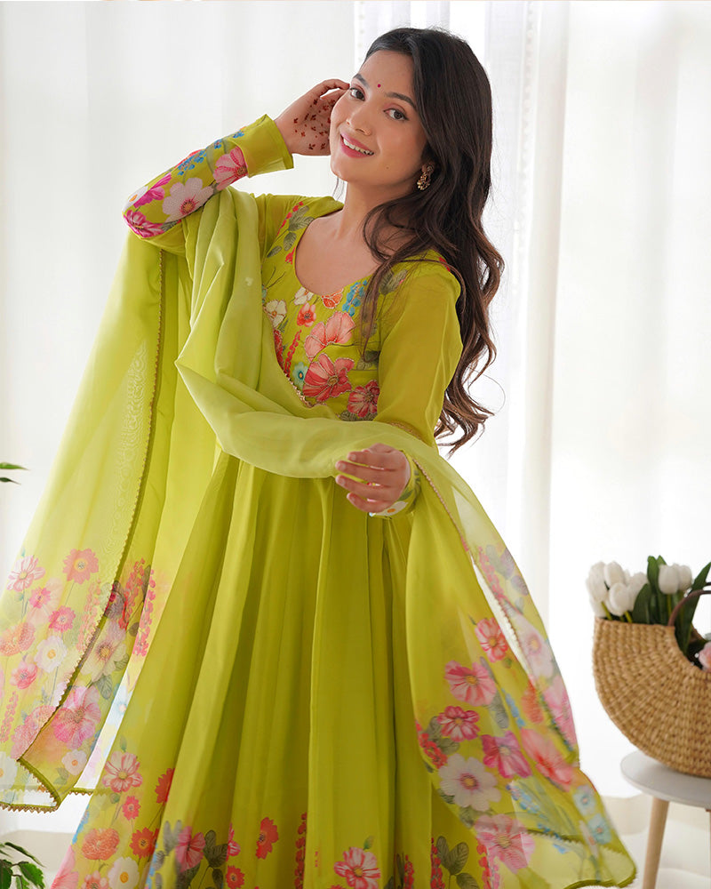 Neon Color Floral Print Organza Three Piece Anarkali Suit  - By Qivii