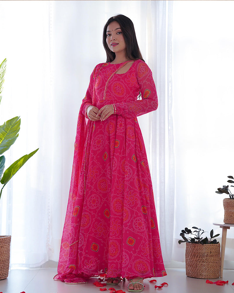 Pink Color Bandhej  Print Soft Chiffon Stylish Neck Three Piece Anarkali Gown  - By Qivii