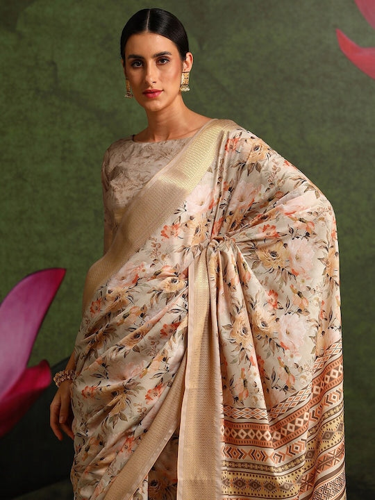 Women's Silk Blend Cream Printed Celebrity Saree With Blouse Piece