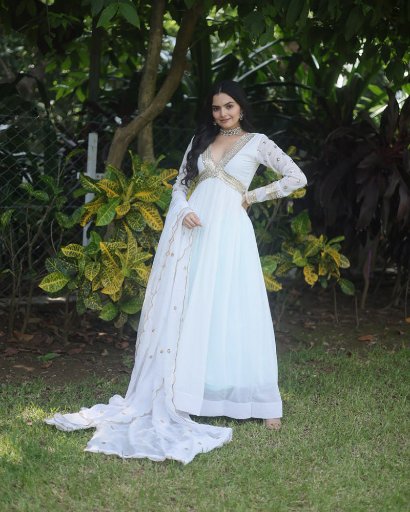 Wedding Wear Embroidered White Color Alia Cut Gown With Dupatta  - By Qivii