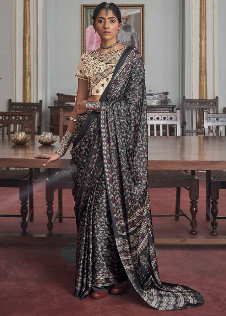 Obsidian Black Gajji Silk Saree with Embroidery Blouse