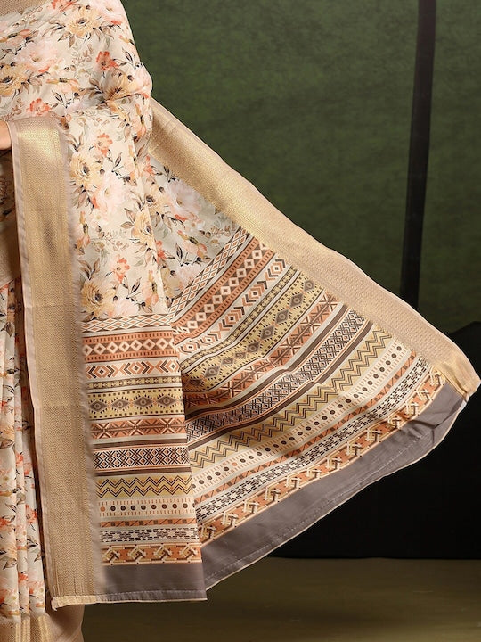 Women's Silk Blend Cream Printed Celebrity Saree With Blouse Piece