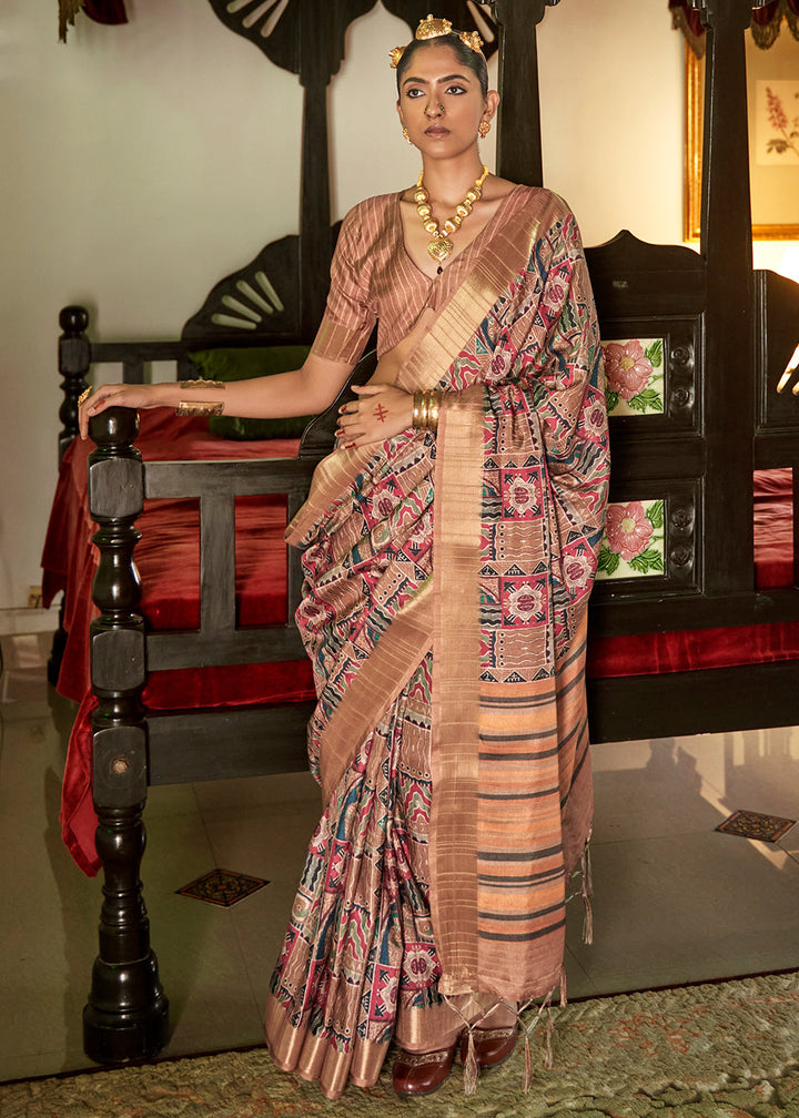 Plaster Brown Designer Printed Silk Saree