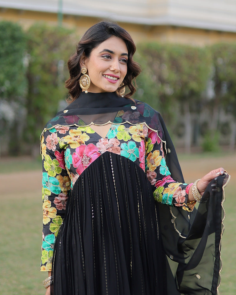 Designer Black Color Alia Cut Anarkali With Dupatta  - By Qivii