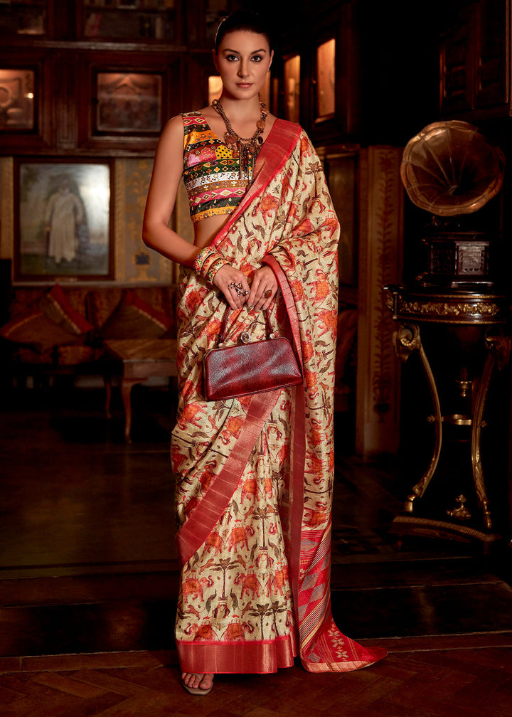 White & Red Printed Zari woven Silk Saree