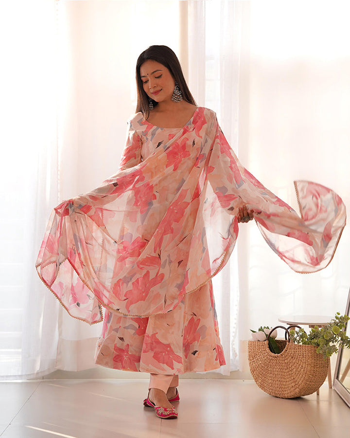 Beautiful Baby Pink Multi Color Georgette Three Piece Anarkali Suit  - By Qivii