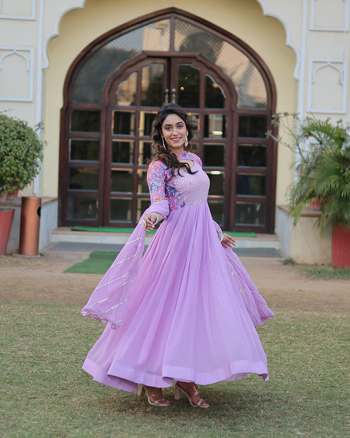 Lavender Color With Fancy Neck Faux Georgette Designer Anarkali Suit  - By Qivii