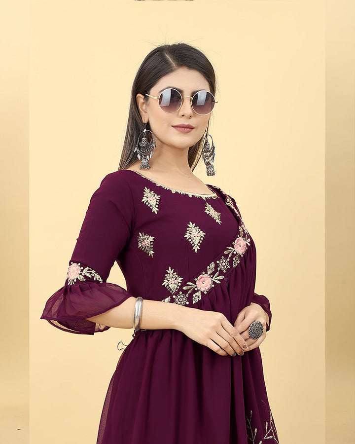 Wine Color Georgette Embroidered Anarkali Gown  - By Qivii