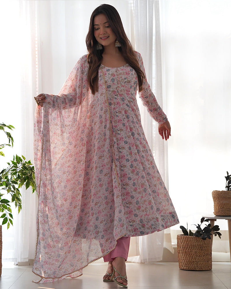 Beautiful baby pink heavy chiffon floral print Anarkali suit by Qivii