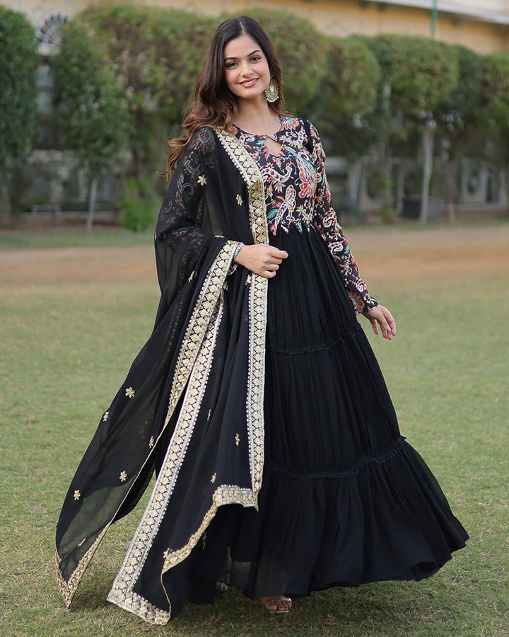 Black Color Frill Georgette Gown With Dupatta  - By Qivii