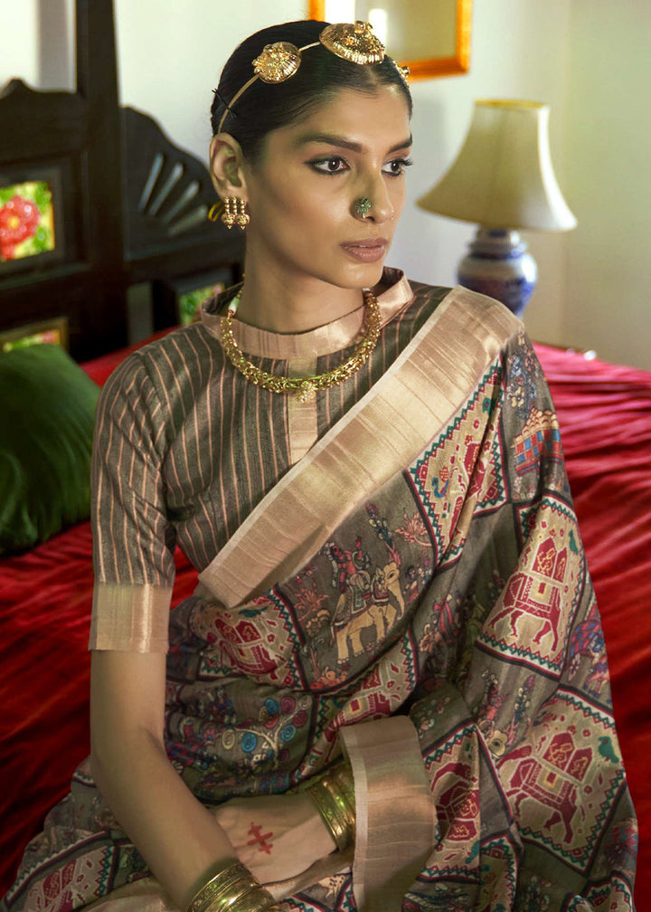 Charcoal Grey Designer Printed Silk Saree