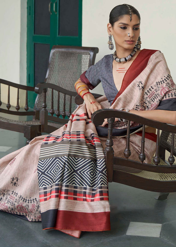 Off White Printed Designer Silk Saree