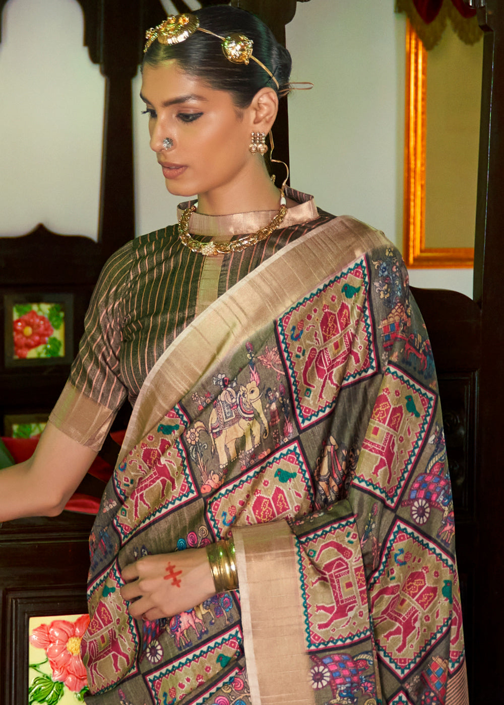 Charcoal Grey Designer Printed Silk Saree