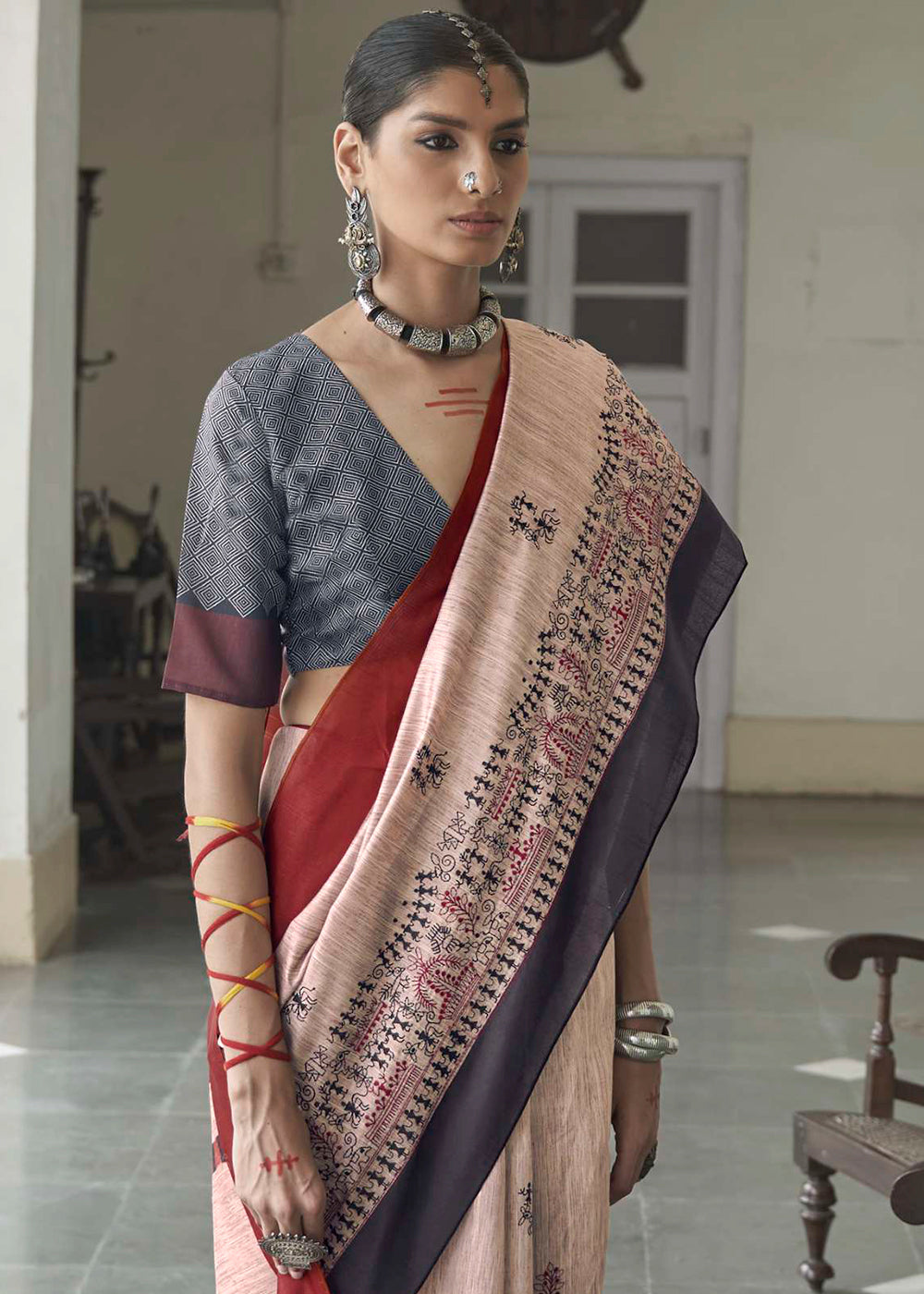 Off White Printed Designer Silk Saree