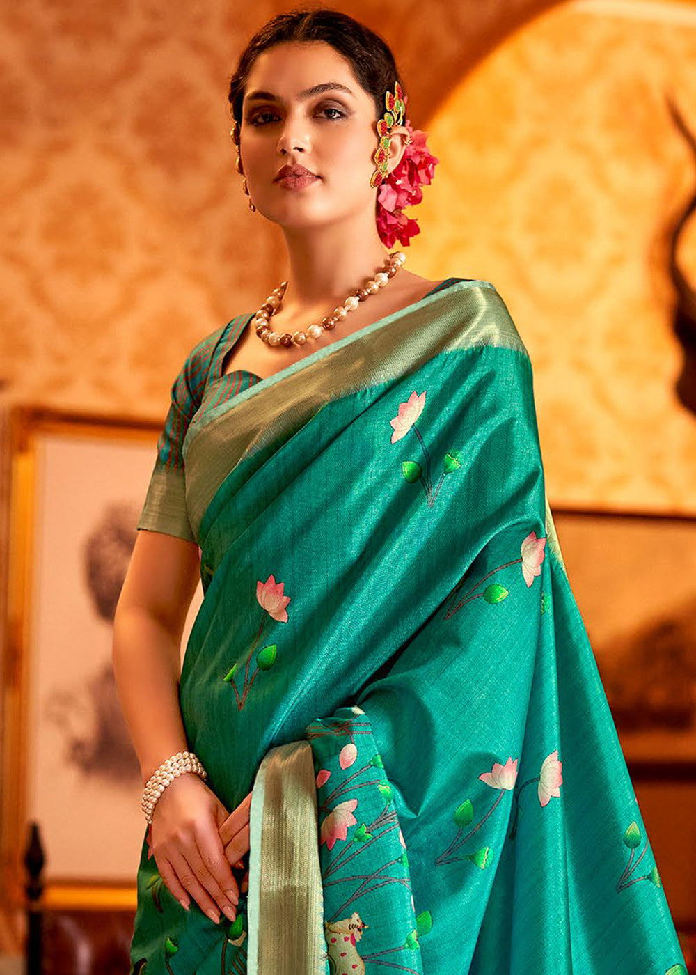 Jade Green Floral Printed Manipuri Silk Saree - qivii