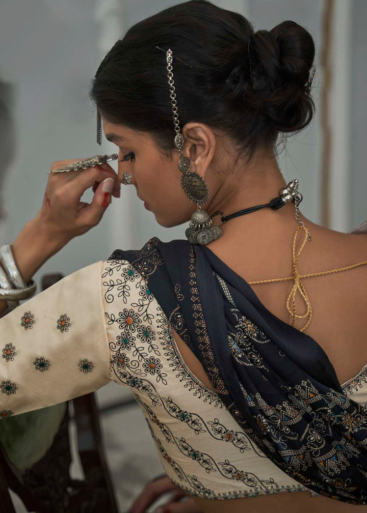 Charcoal Black Gajji Silk Saree with Embroidery Blouse