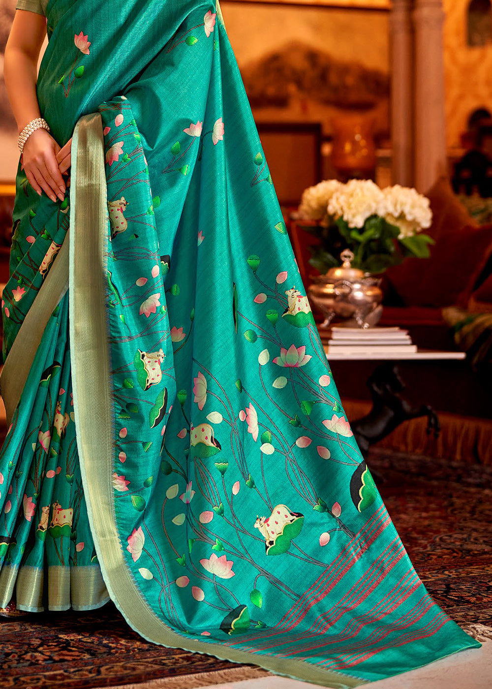 Jade Green Floral Printed Manipuri Silk Saree - qivii