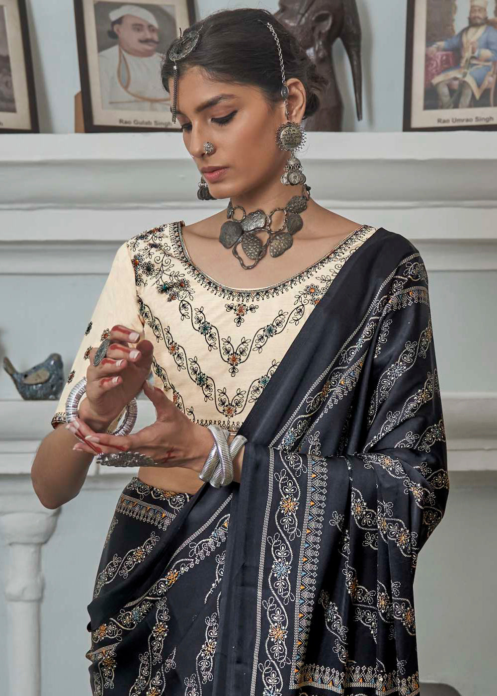 Charcoal Black Gajji Silk Saree with Embroidery Blouse