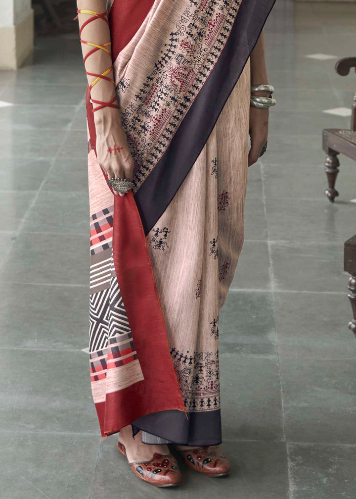 Off White Printed Designer Silk Saree