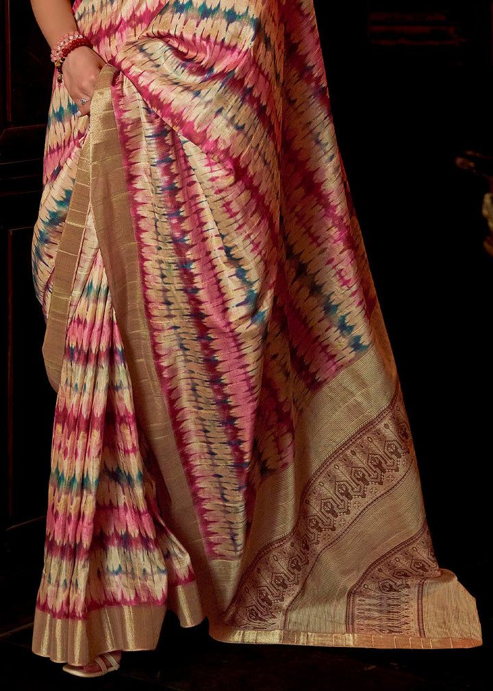 White & Pink Printed Zari woven Silk Saree