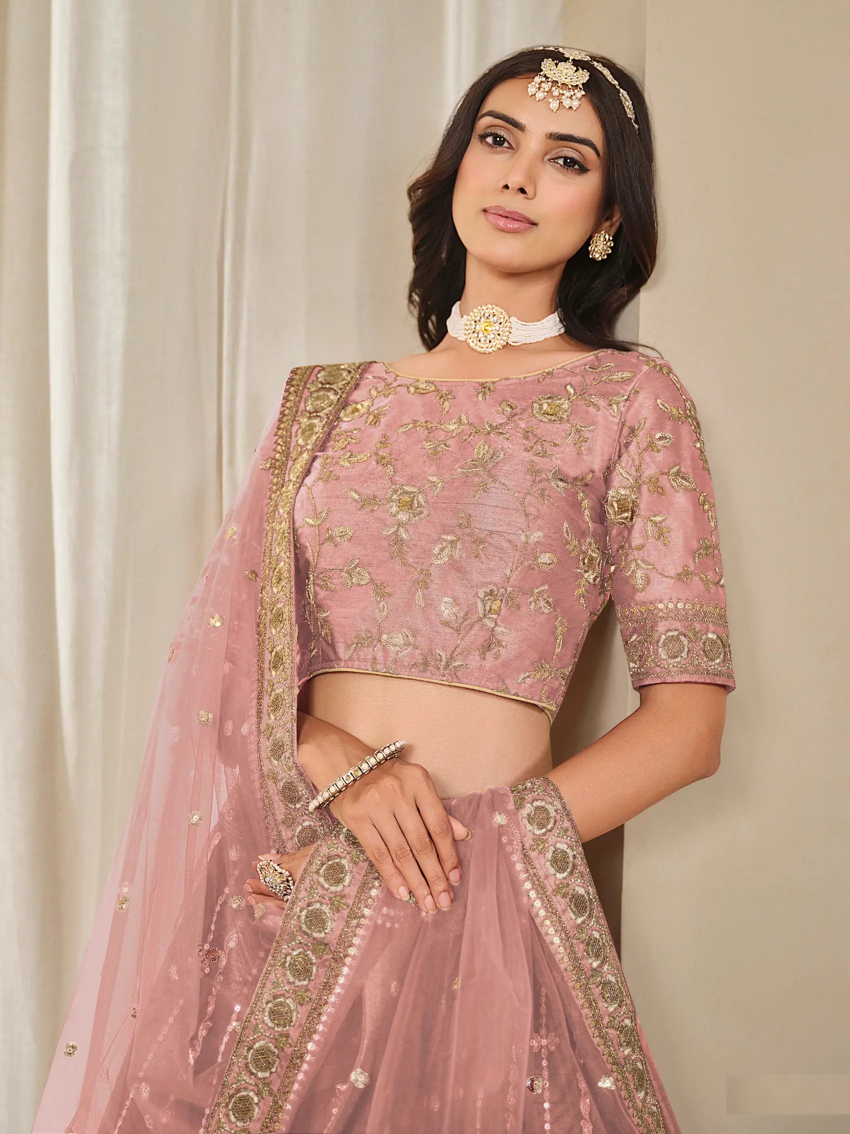Dusty Pink Art Silk Thread & Sequins Embroidery Lehenga Choli - qivii