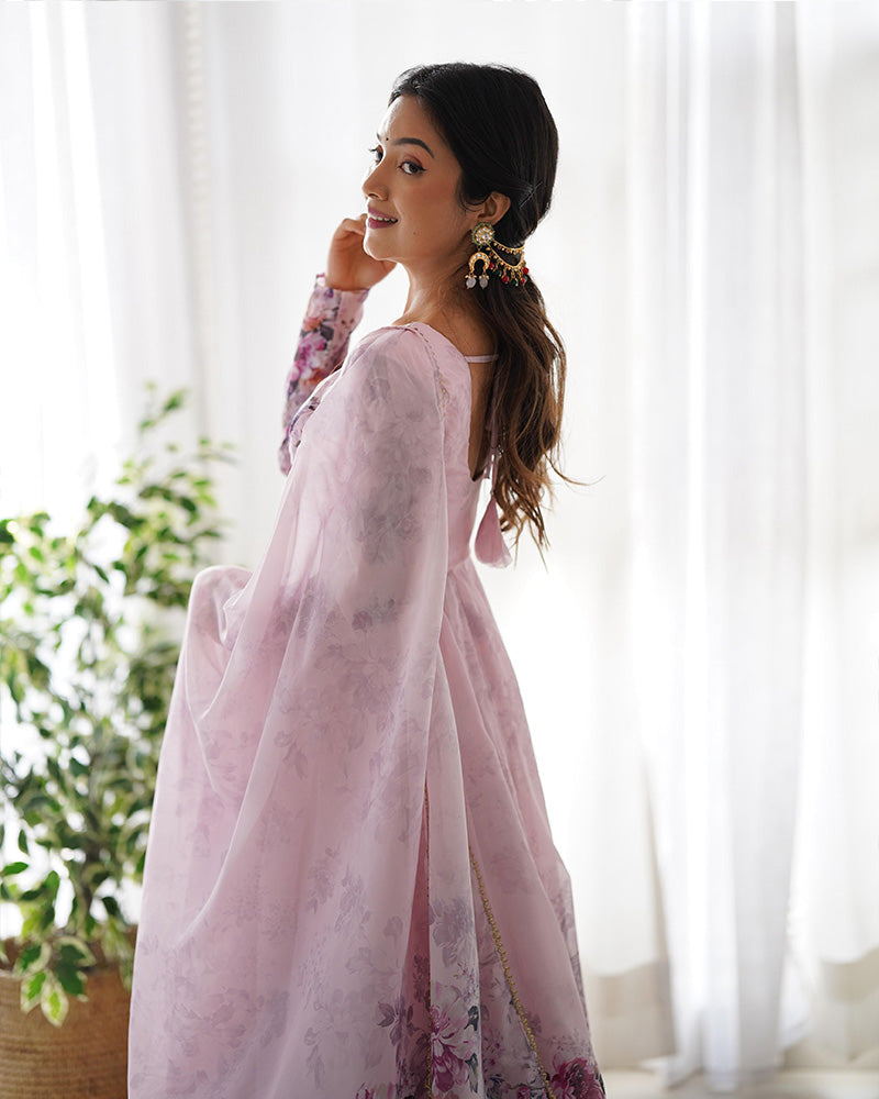 Baby Pink Color Floral Print Organza Three Piece Anarkali Suit  - By Qivii