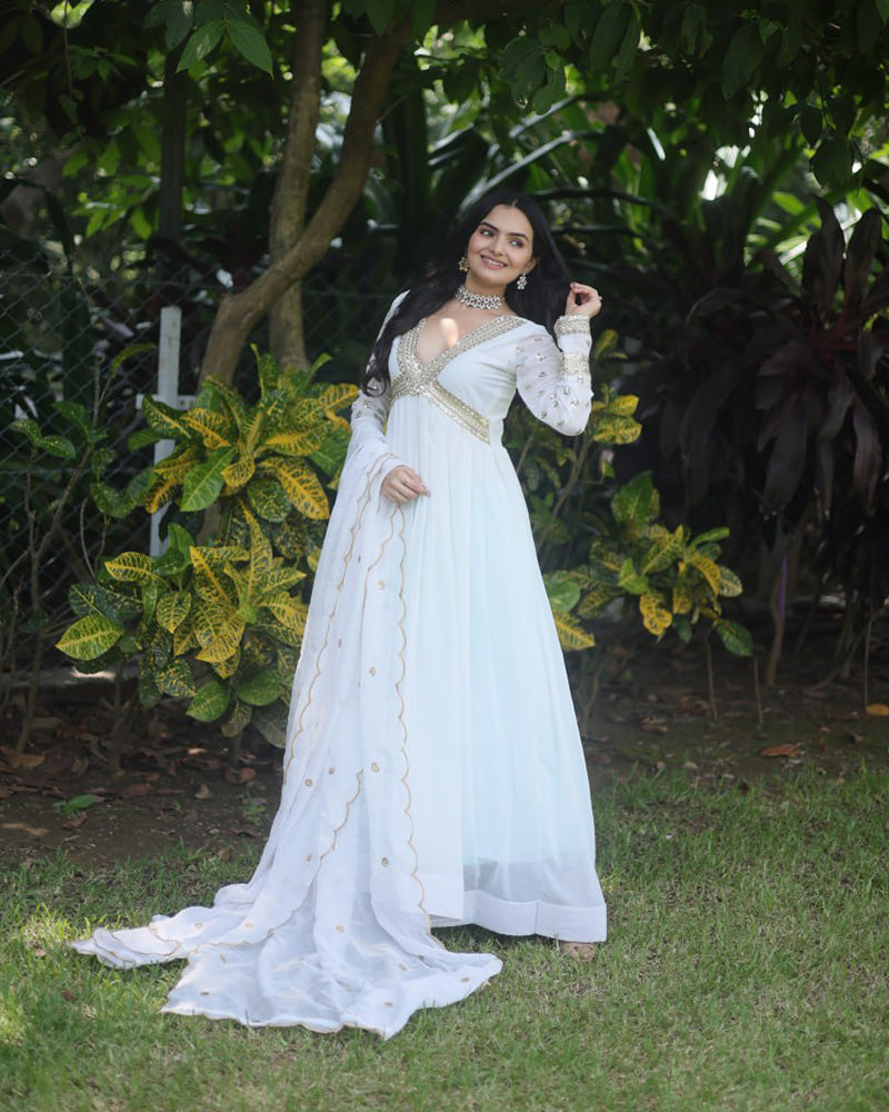 Wedding Wear Embroidered White Color Alia Cut Gown With Dupatta  - By Qivii