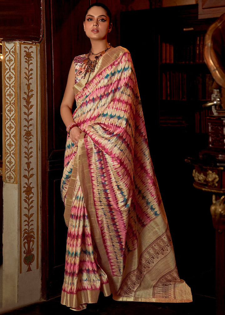 White & Pink Printed Zari woven Silk Saree