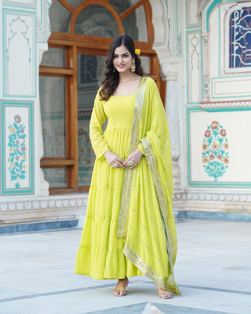 Parrot Color Five layer Georgette Anarkali Gown With Dupatta  - By Qivii