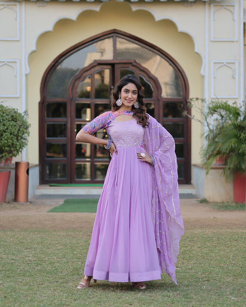 Lavender Color With Fancy Neck Faux Georgette Designer Anarkali Suit  - By Qivii