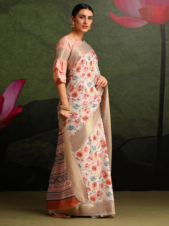 Women's Silk Blend Off White Printed Celebrity Saree With Blouse Piece